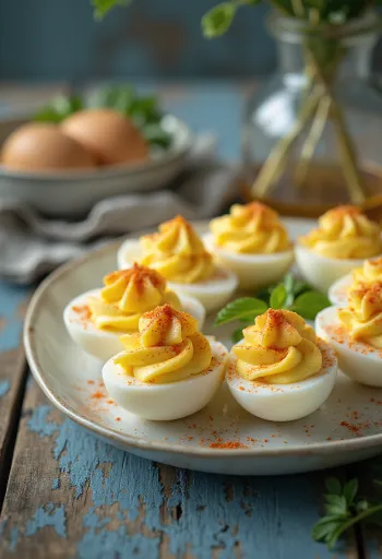 Fyllt egg skreytt með ferskum kryddjurtum og papriku.