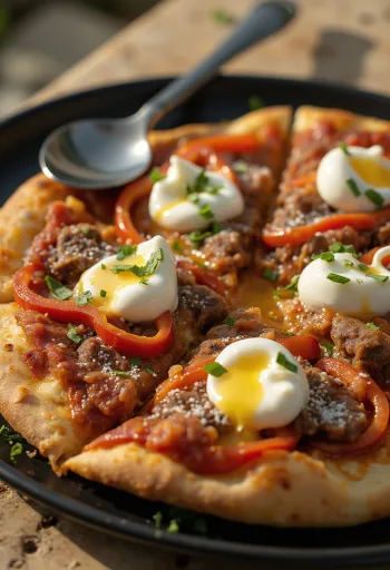 Pizza Iskender borin fram með sýrðri jogúrt