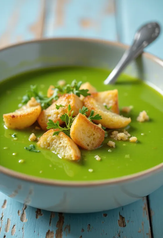 Hvítlaukskrydduð grænertusúpa borin fram