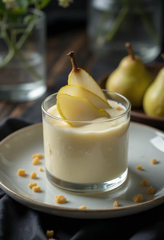 Panna cotta með peru í glasi
