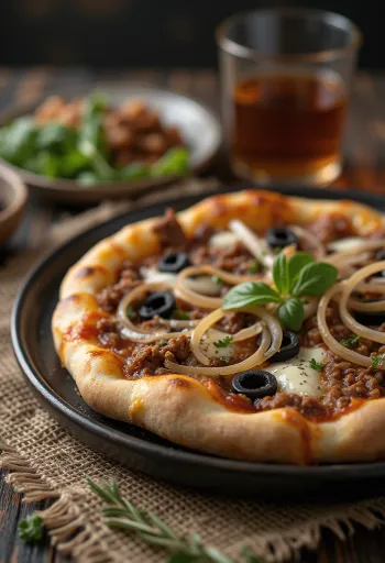 Pizza Libyenne með krydduðu hakki og ólífum