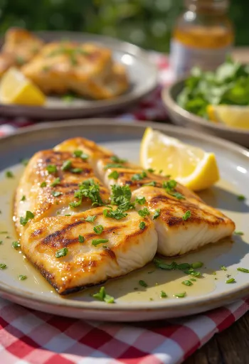 Grillaður fiskur með hvítlauk og jurtum á disk