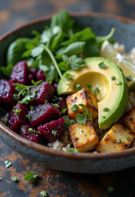 Buddha-skál með spínati, kínóa, rauðrófum og tófú