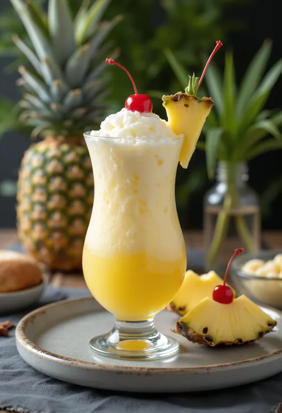 Piña Colada skreytt með ferskum ananas og kokteilberi