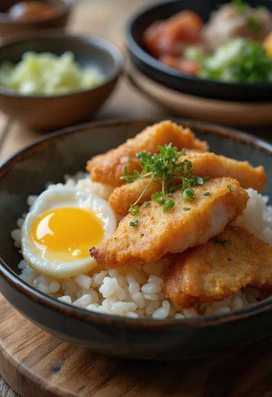 Katsu Donburi borið fram með stökku svínakjöti og eggjasósu