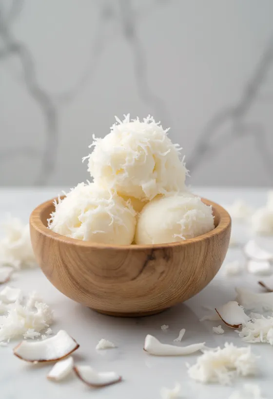 Heimatilbúinn kókos sorbet, ferskur eftirréttur