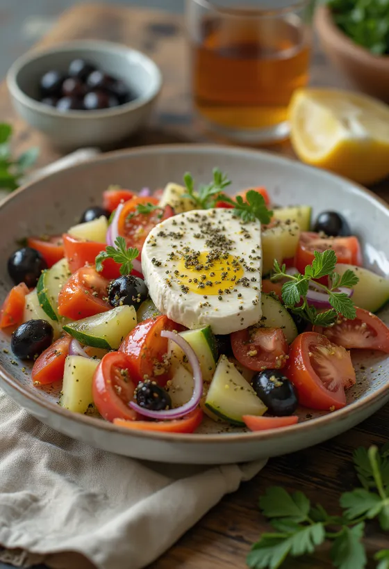 Ferskt grískt salat með fetaosti, ólífum og safaríkum tómötum
