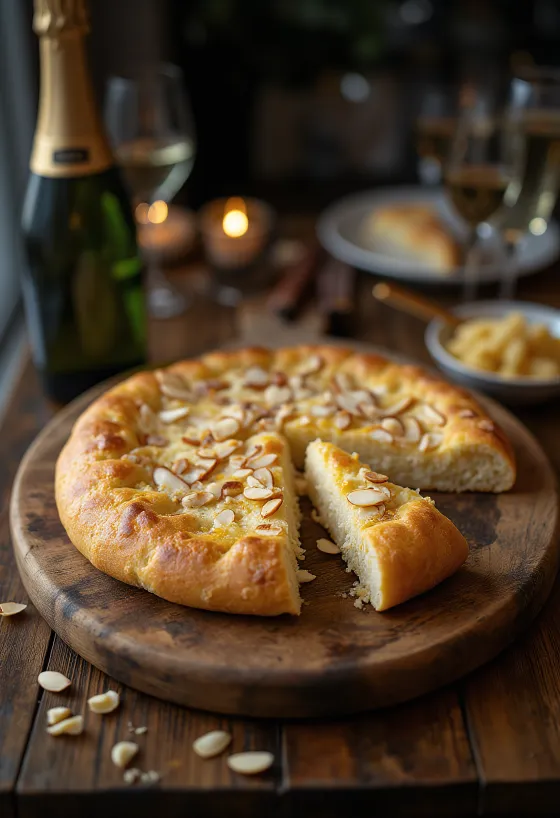 Freyðivíns- og möndlufocaccia borið fram