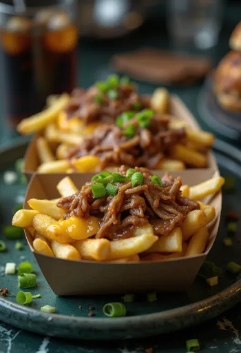Poutine með rifnu grísakjöti í kanadískum stíl borið fram