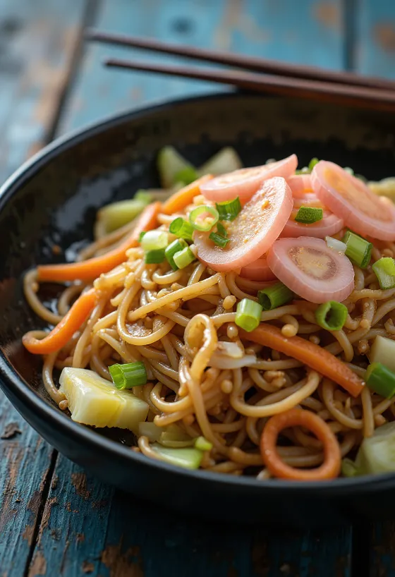 Yakisoba með grænmeti, steiktar núðlur með litríku grænmeti