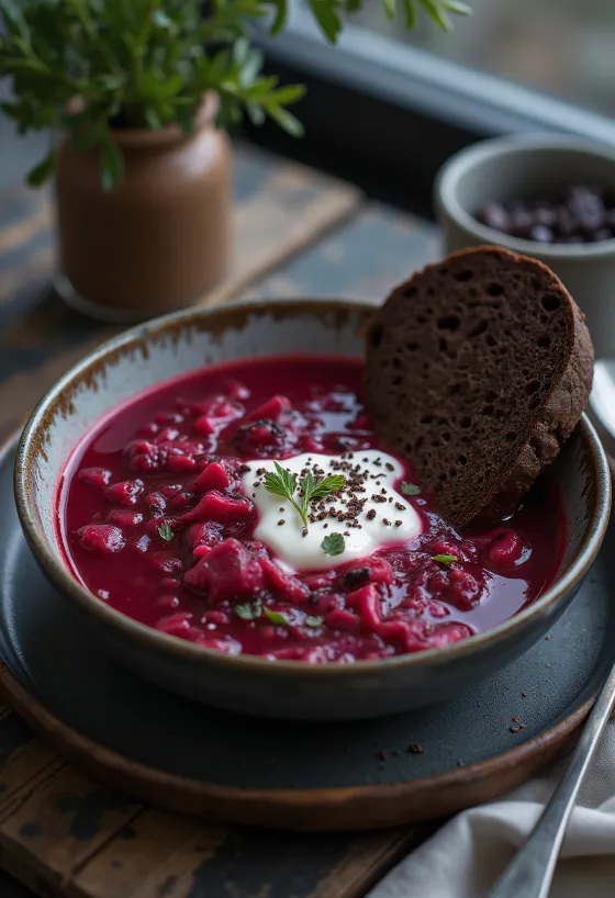 Hefðbundin borscht súpa með rauðrófum, gulrótum og sýrðum rjóma.
