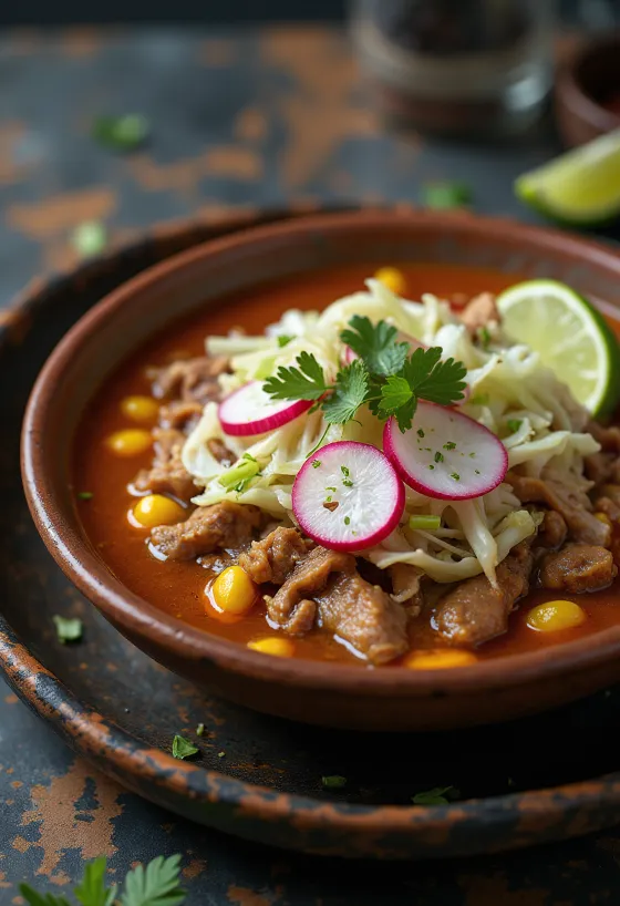 Pozole mexíkósk kjötsúpa borin fram