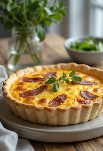Quiche með Cheddar og beikoni skorið í sneiðar