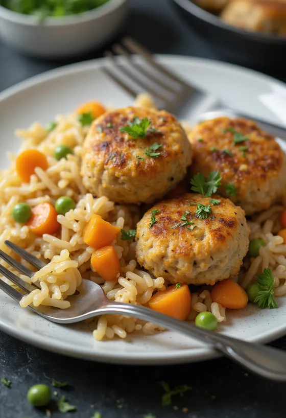 Kalkúnabollur með grænmetisgrjónum bornar fram