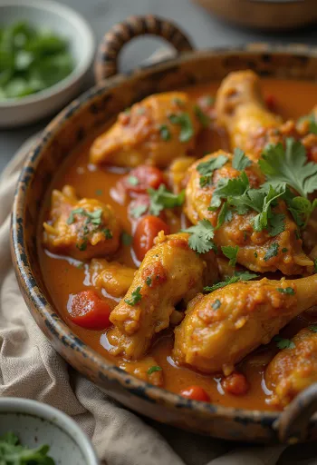 Kjúklingur í balti-karrýi borinn fram með naan brauði og basmati hrísgrjónum.