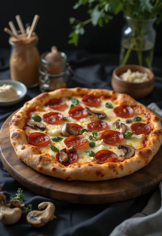 Pepperoni pizza með sveppum borin fram