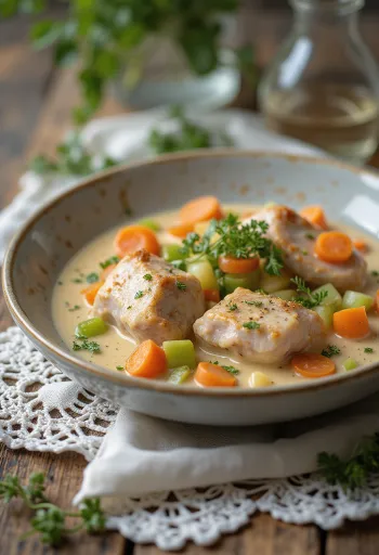 Kanínu fricassee borið fram með rjómasósu og skreytt með ferskri steinselju