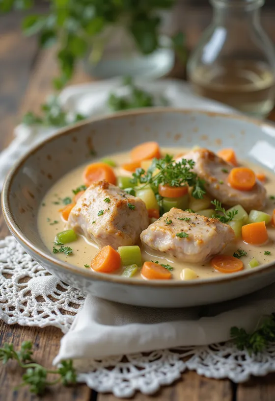 Kanínu fricassee borið fram með rjómasósu og skreytt með ferskri steinselju