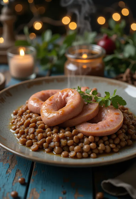Cotechino, ítölsk pylsa borin fram með linsubaunum
