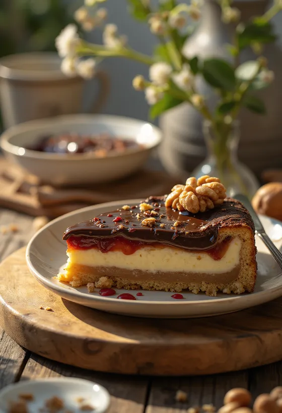 Kastaníulinzerterta skreytt með súkkulaði og sultu