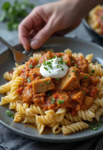 Ungversk kjötkássa borin fram með pasta og sýrðum rjóma