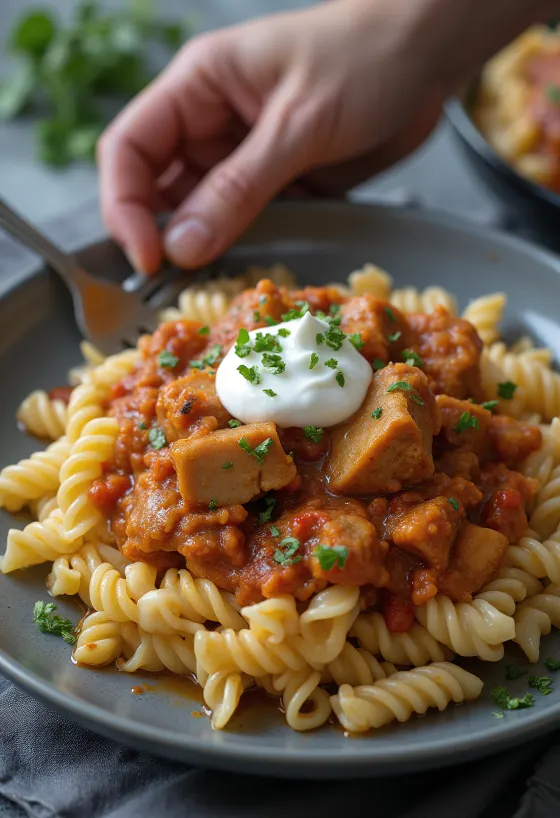 Ungversk kjötkássa borin fram með pasta og sýrðum rjóma