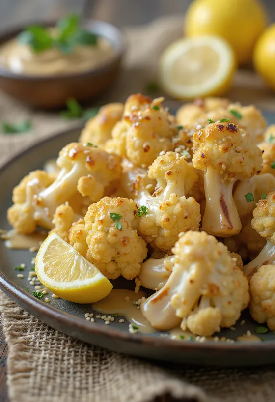 Ristað blómkálssalat með tahini-sósu, borið fram með ferskri steinselju og ristuðum sesamfræjum.