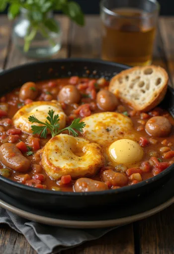 Lecsó með pylsum og eggjum, borið fram með brauði
