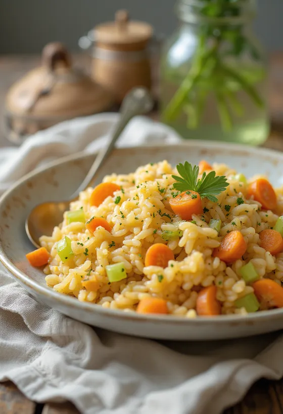 Hrísgrjón soðin í soði með grænmeti