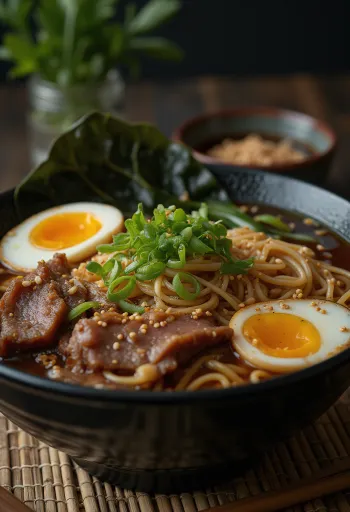 Ramen með nautakjöti borið fram með fersku áleggi