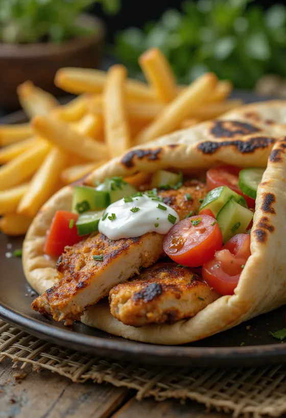 Shawarma borið fram í pítubrauði með fersku grænmeti