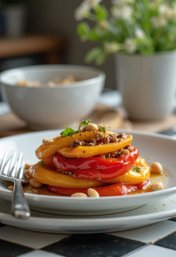 Salat með ristuðum paprikum, borið fram með balsamik-dressingu og ristuðum furuhnetum.