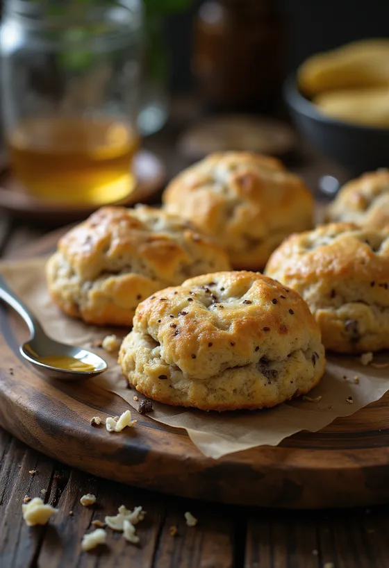 Scones með chia og banana borin fram með te