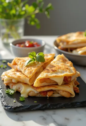 Kjúklinga-quesadilla gullinbrún, borin fram með bræddum osti og ferskum kryddjurtum