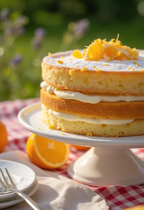 Appelsínu-svampkaka með ferskum appelsínusneiðum