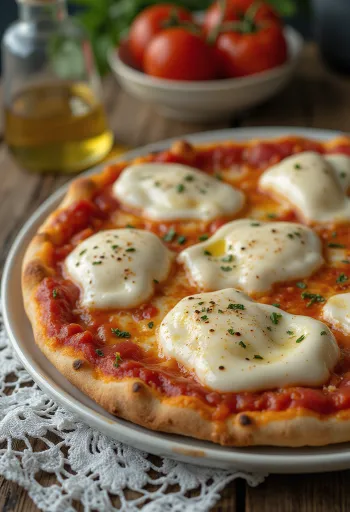 Pizza alla Mozzarella di Bufala með buffaló mozzarella og basilíku