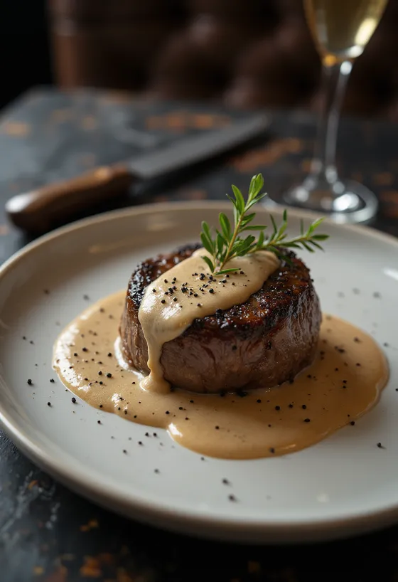 Steak au poivre borin fram með rjómasósu