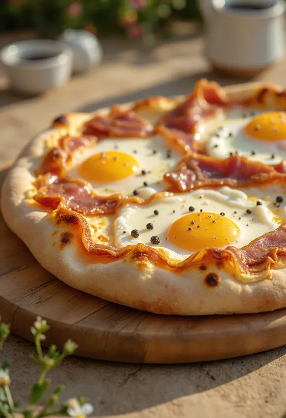 Pizza alla Pancetta e Uova með beikoni og eggjum