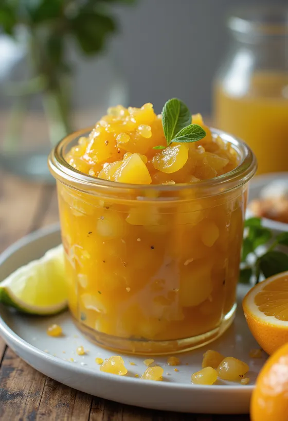 Chutney með rósmaríni, appelsínu og límónu borið fram í krukku