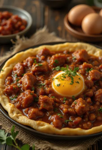 Doro Wat borið fram með harðsoðnu eggi og injera brauði