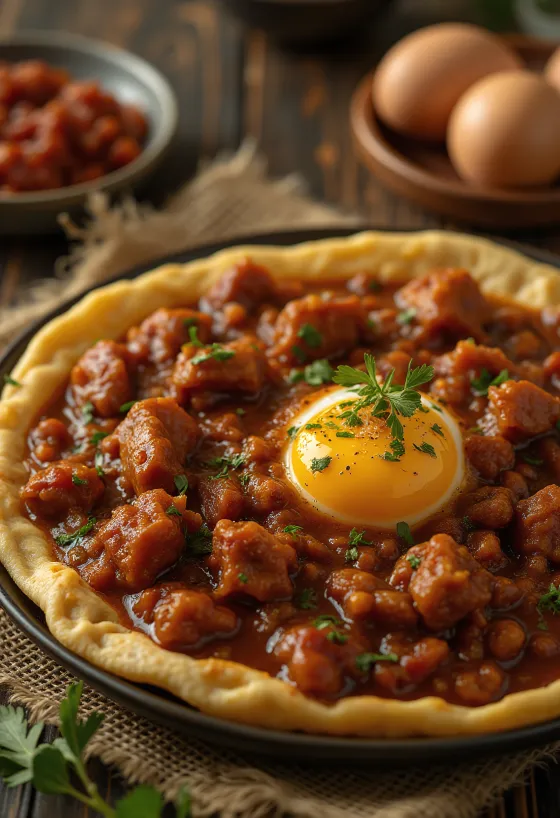 Doro Wat borið fram með harðsoðnu eggi og injera brauði