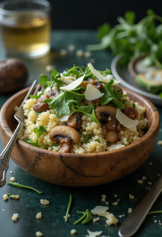Kínóasalat með sveppum, fersku klettasalati og parmesan