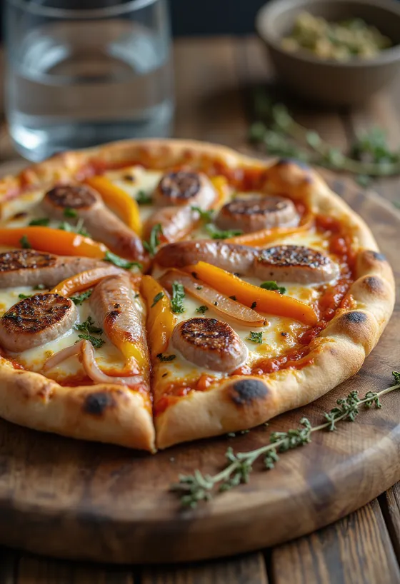 Pizza Viennese með austurrískri pylsu, papriku og mozzarella