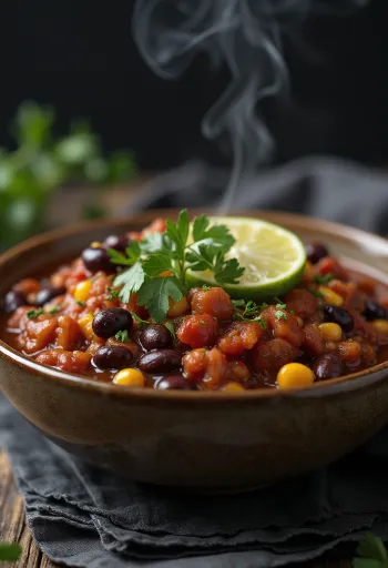 Vegan chili með baunum í þykkri kryddsósu, skreytt með ferskum kóríander.