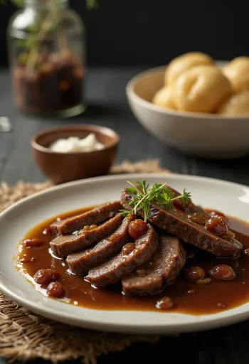 Sauerbraten þýsk sýrð nautasteik borin fram