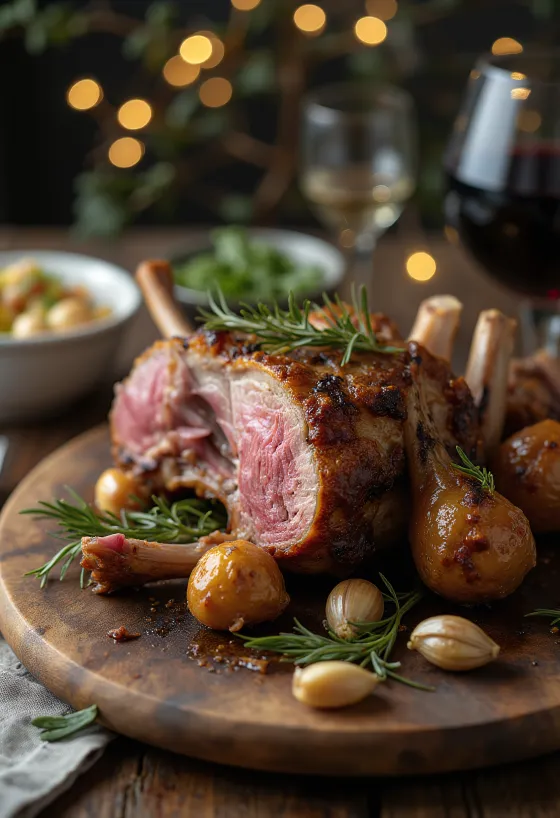 Ofnsteikt lambalæri með rósmarín borið fram á fat