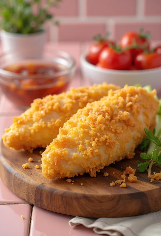 Gullinhúðaðar kjúklingabringur, bornar fram með fersku salati.