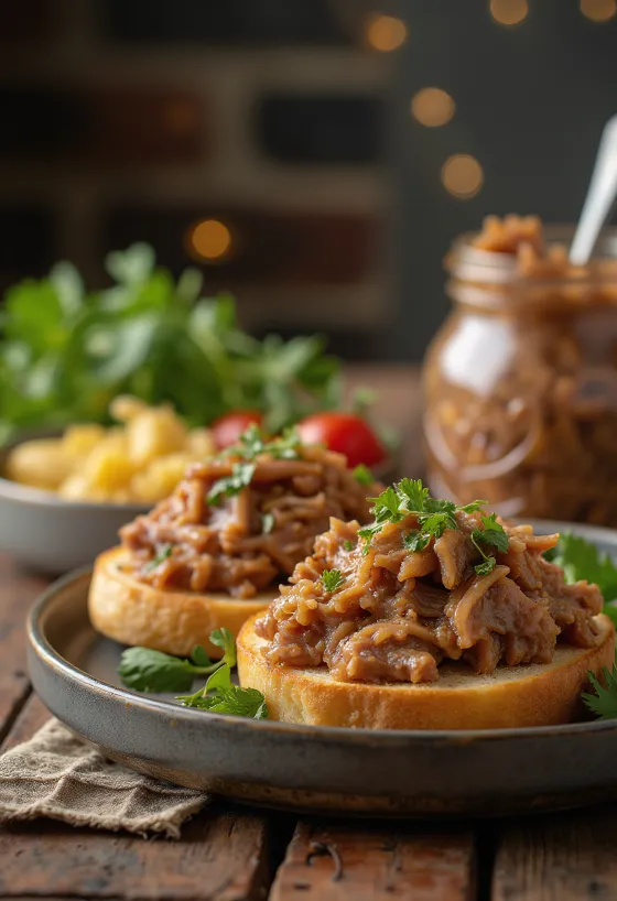 Andar-rillette í krukku með brauði og súrum gúrkum