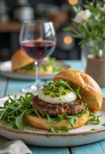 Nýlagaður ítalskur hamborgari með mozzarella og pestó