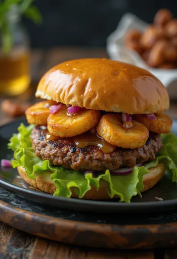 Hamborgari með steiktum banana borinn fram